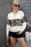 Women's Leopard Splicing Colorblock V Neck Knit Sweater