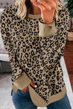 Women Long Sleeve Hoodies Leopard Pullover Sweatshirt with Slits