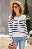 Women's Round Neck Puff Sleeve Buttoned Striped Henley Sweater