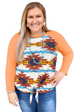 Casual Aztec Print Raglan Long Sleeve Plus Size Top Round Neck Shirts