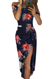 Short Sleeve Off Shoulder Floral Bodycon Dress with Split