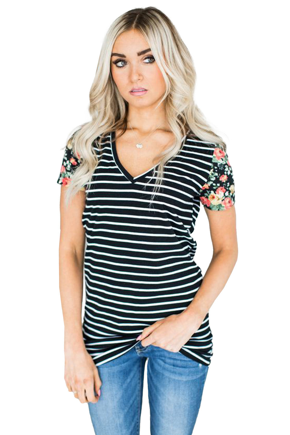 Floral Sleeves Striped T-shirt