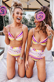 Multi Stripe Mesh Bikini With Pom Pom Trim