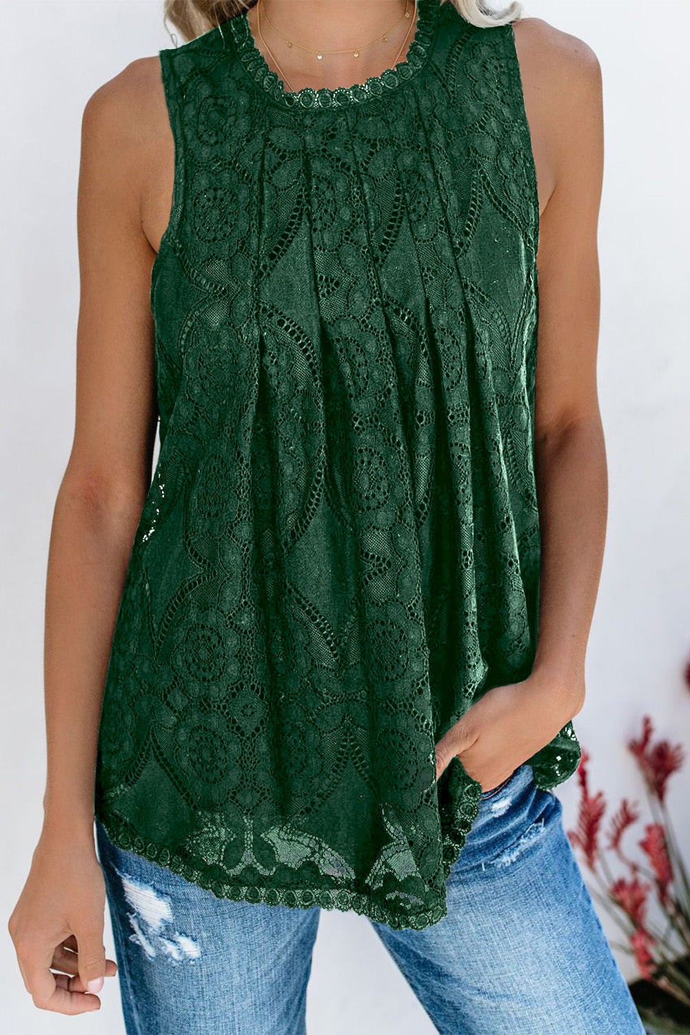 Curved Hem Hollow Out Lace Embroidered Top