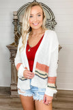 Women's White Front Open Long Sleeve Striped Crochet Knit Cardigan