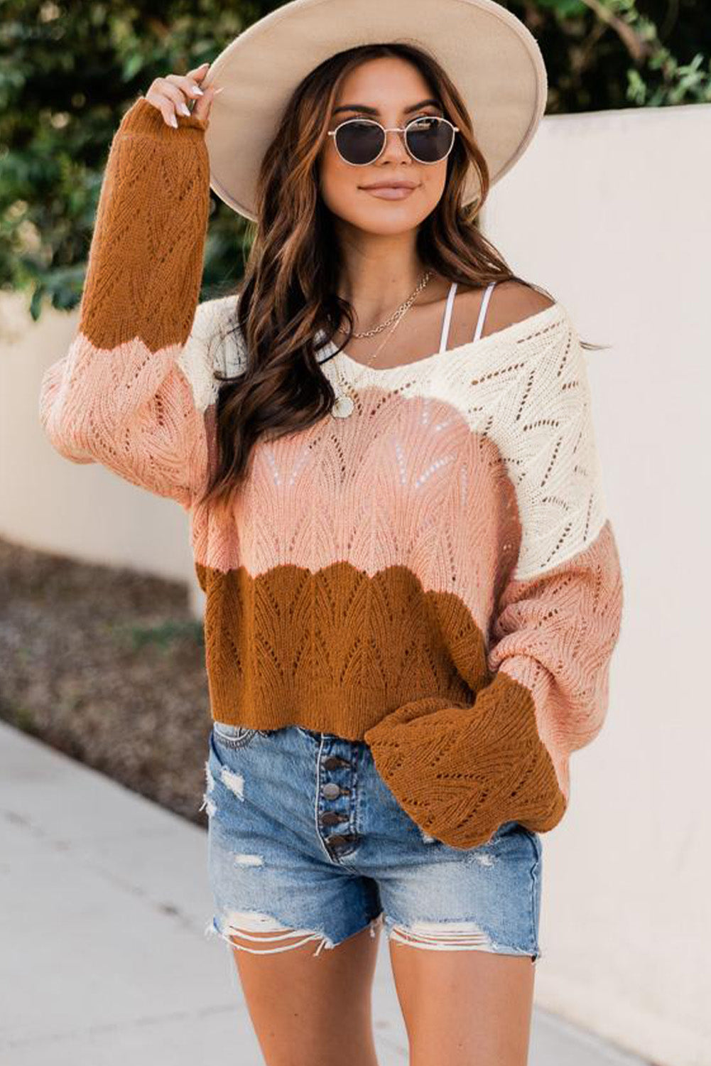 Women Puff Sleeve Multicolor Pointelle Cropped Sweater