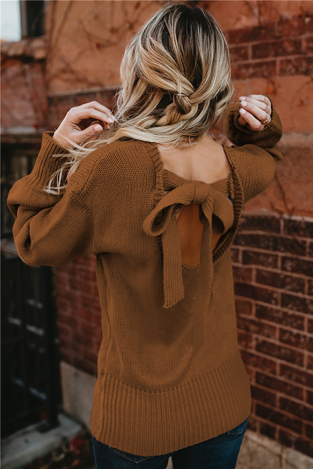 Women Solid Color Hollow Out Back Pullover Sweater with Tie