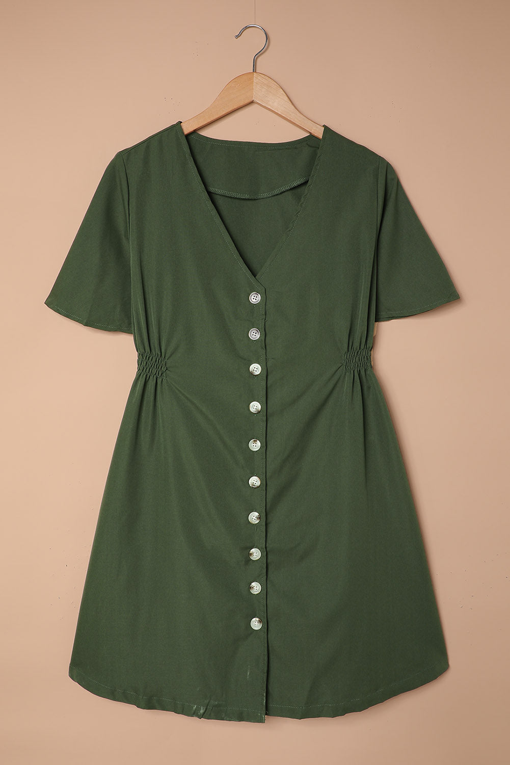 Army Green Flutter Sleeve V Neck Buttoned Maternity Dress