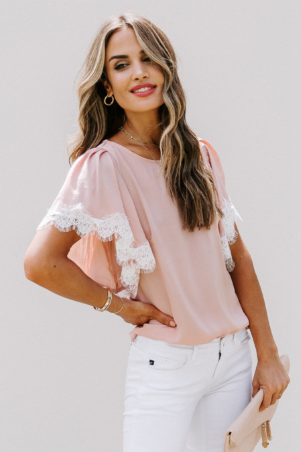 Satin Lace Flutter Sleeve Top