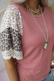 Knitted Cheetah Print Lace Splicing Loose Top
