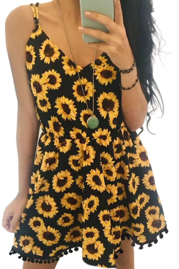 Sunflower Tassel Splicing Elastic Waist V-Neck Mini Dress