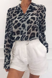 Elegant Turn Down Collar Button Front Leopard Chiffon Shirt