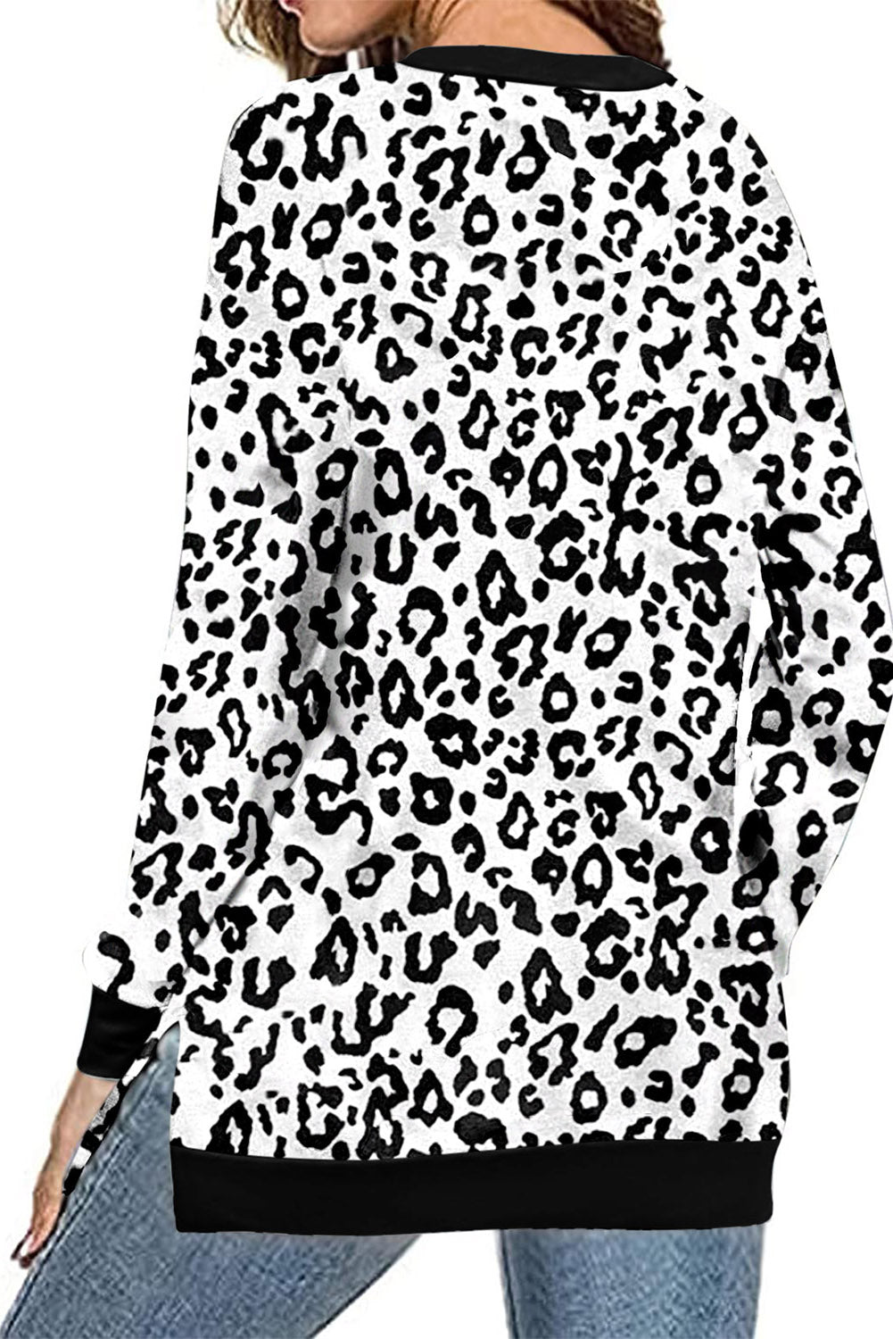 Women Long Sleeve Hoodies Leopard Pullover Sweatshirt with Slits