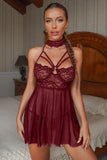 Lace Sheer Splicing Strappy Badydoll Set