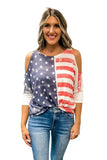 Round Neck Cold Shoulder Stars And Stripes Womens Tops