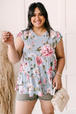 Ruffled V Neck Floral Plus Size Top