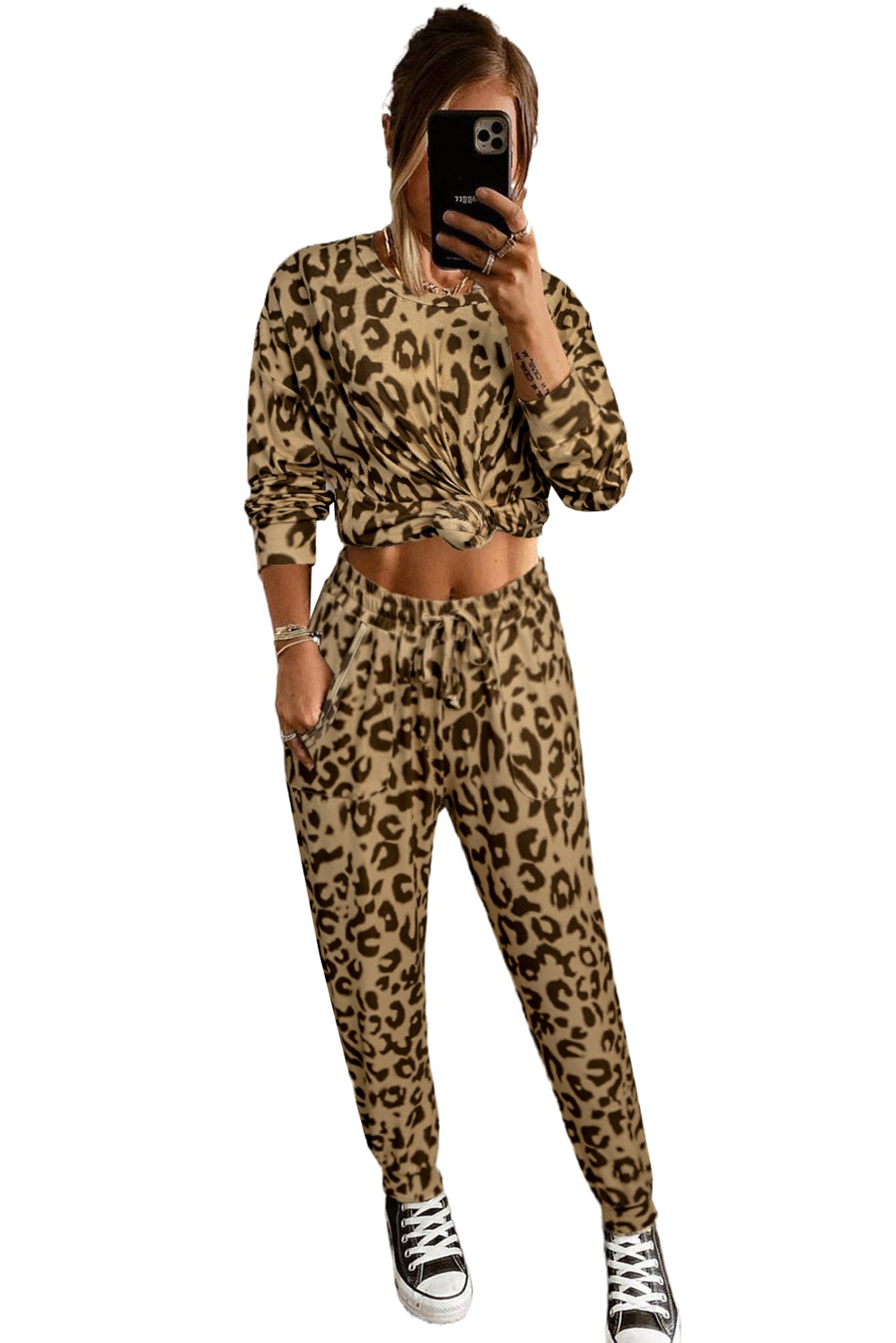 Ruched Leopard Print Two Piece Lounge Set