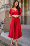 Flared Sleeve Red Dinner Dresses For Ladies