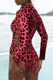 Leopard Print Zipper Cut-out Rash Guard Swimsuit