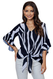 European Style Bowknot Wrap Blue And White Striped Top Womens