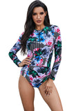 Womens Zip Front Floral Printed Rashguard Swimwear