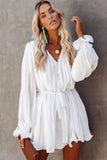 Pleated Tie Waist China Button V Neck Romper