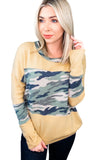 Camo Print Splicing Waffle Knit Long Sleeve Top with Thumb Hole