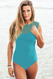 Turquoise Strappy Hollow-out Back Mesh One-piece Swimwear