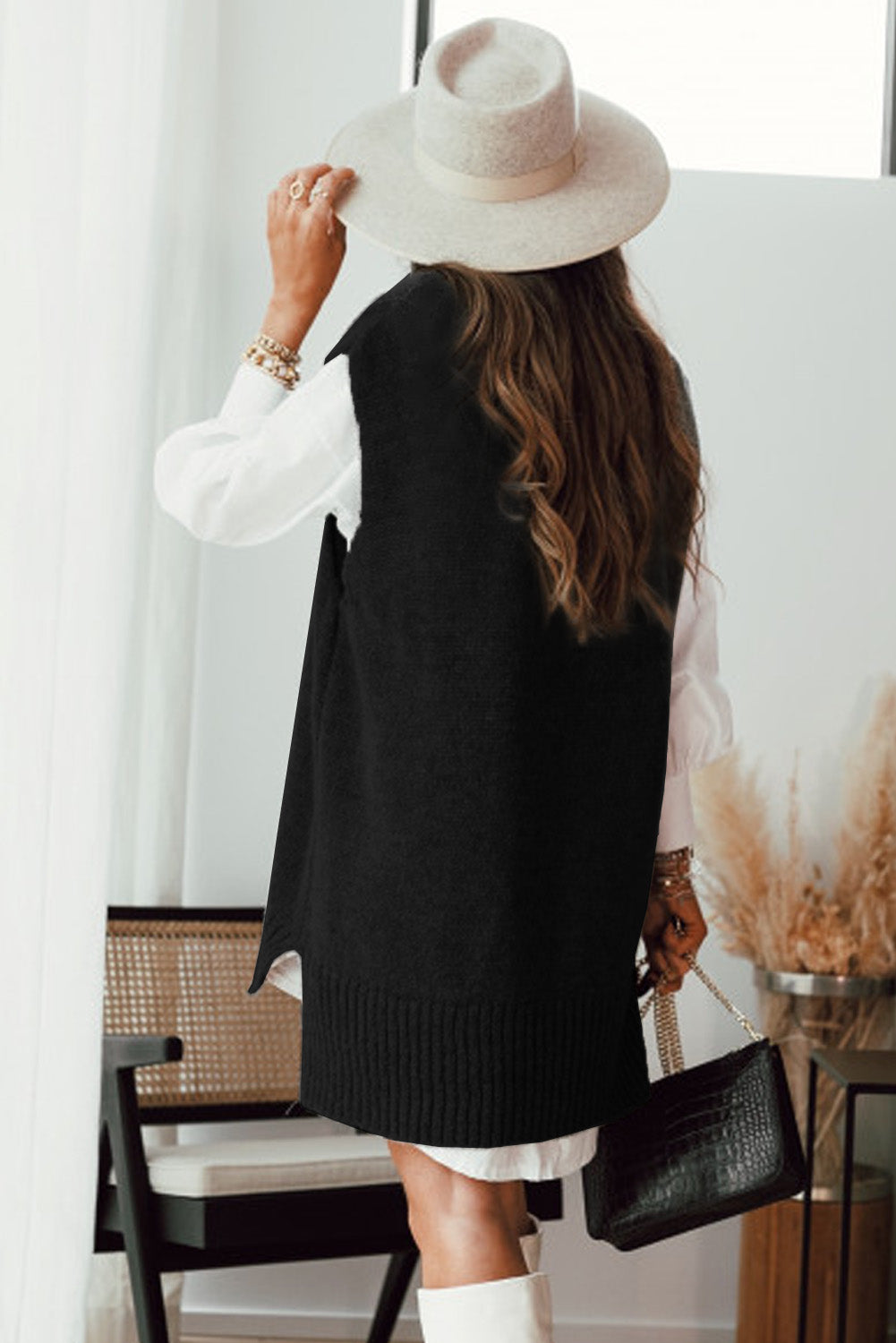 Gilet maglione pullover lungo lavorato a maglia da donna