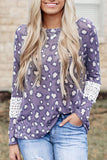 Women Purple Leopard Print Long Sleeve Top Waffle Knit Tee
