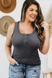 Solid Button Up Ribbed U Neck Plus Size Tank Top