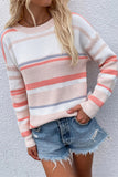 Women Rib Knit Crew Neck Striped Color Block Sweater