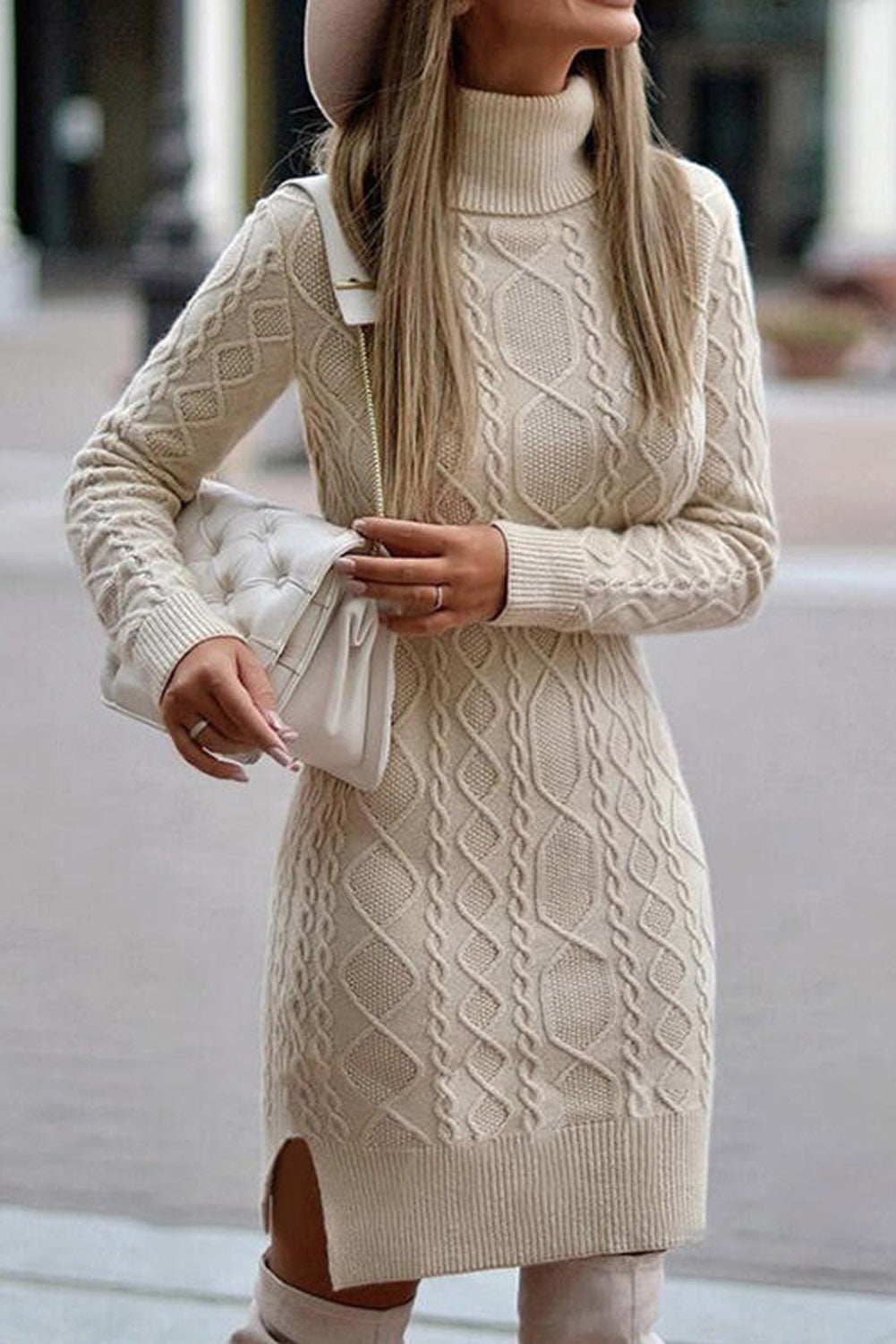 Turtleneck Pullover Textured Sweater Dress with Slits