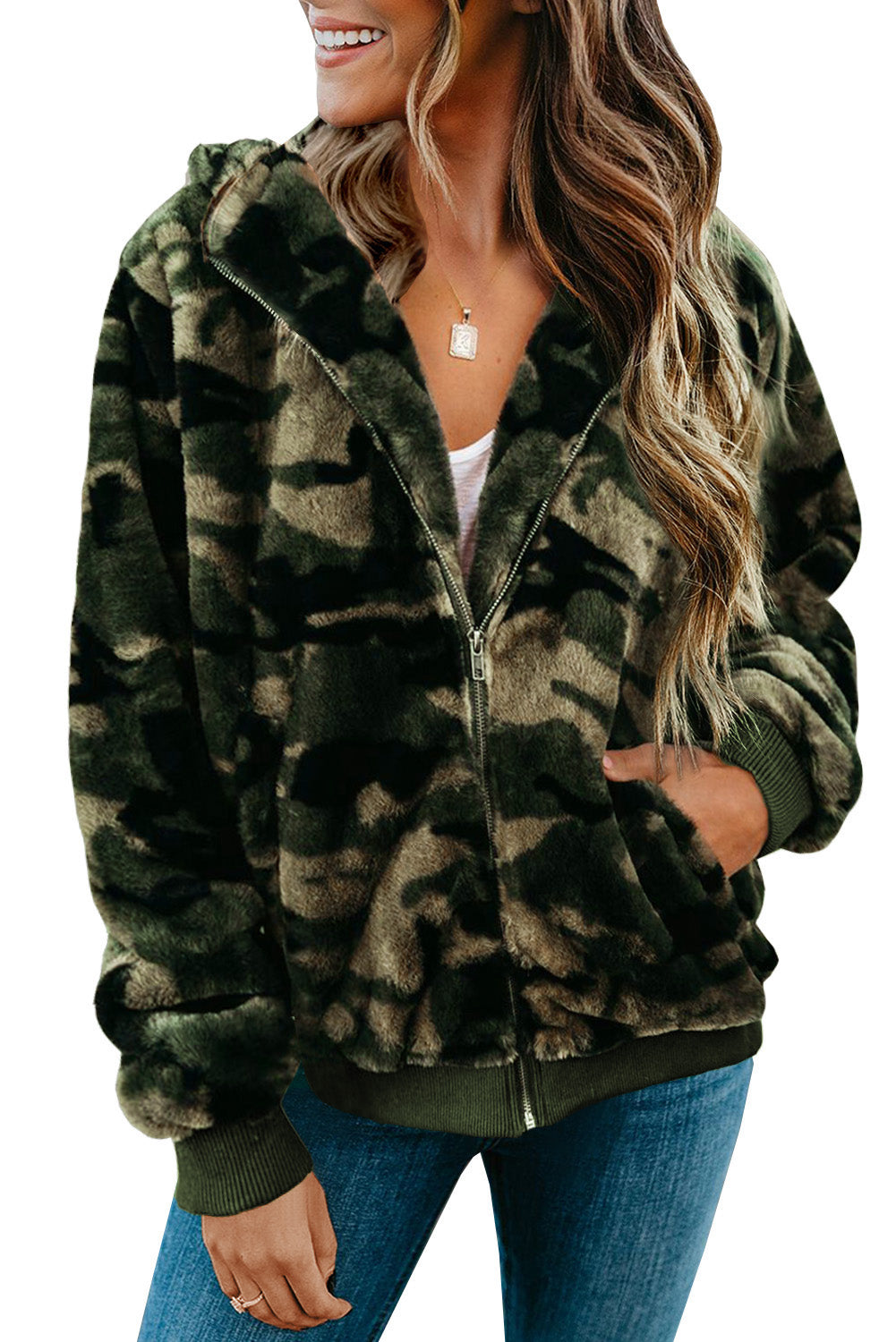 Womens Jacket Camouflage Pattern Fleece Zip Up Hoodie Coat with Pockets