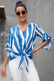 European Style Bowknot Wrap Blue And White Striped Top Womens