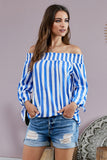 Blue And White Striped Off The Shoulder Top with Bowknot on Sleeves