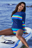 Rainbow Striped Navy Long Sleeve Tankini Swimsuit