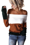 Women Brown Colorblock Off Shoulder Sweater