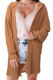 Women's Khaki Open Front Hooded Cardigan with Waist Pocket