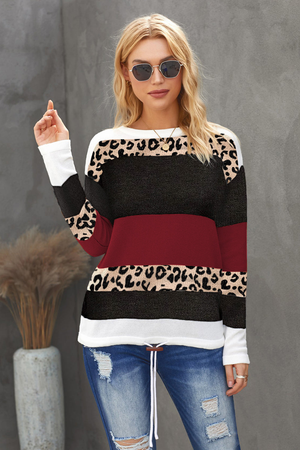 Maglione in maglia sottile con coulisse color block leopardato da donna