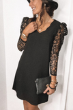 Black Lace Sleeve Scalloped Neckline Dress