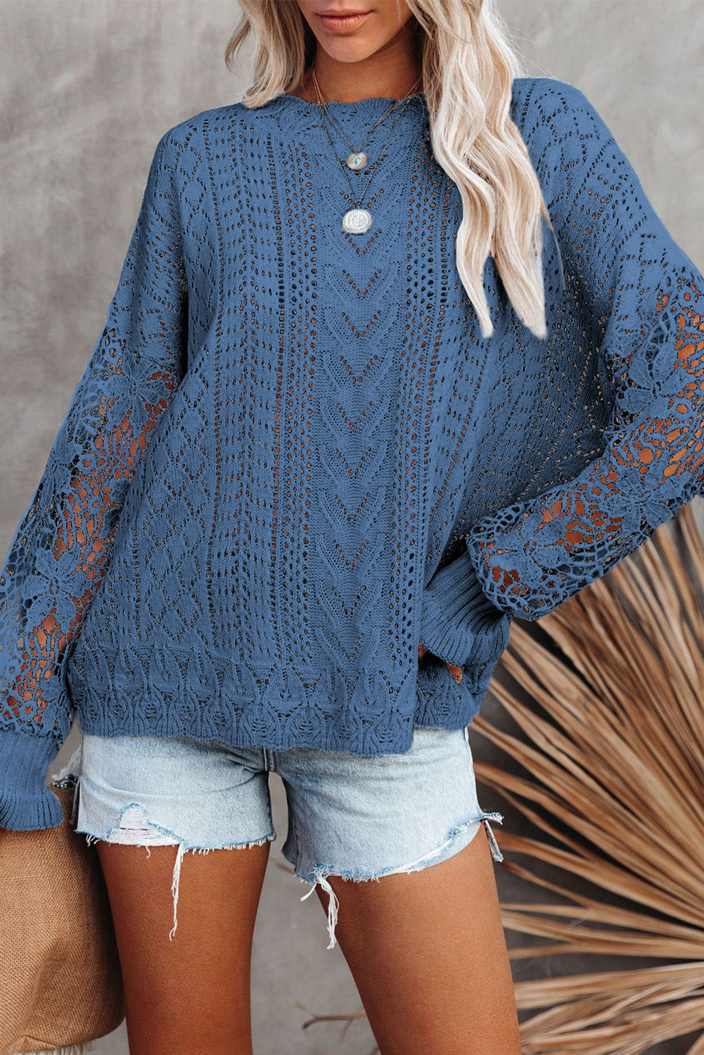 Women Crochet Lace Pointelle Knit Pointelle Sweater – Vamjumps