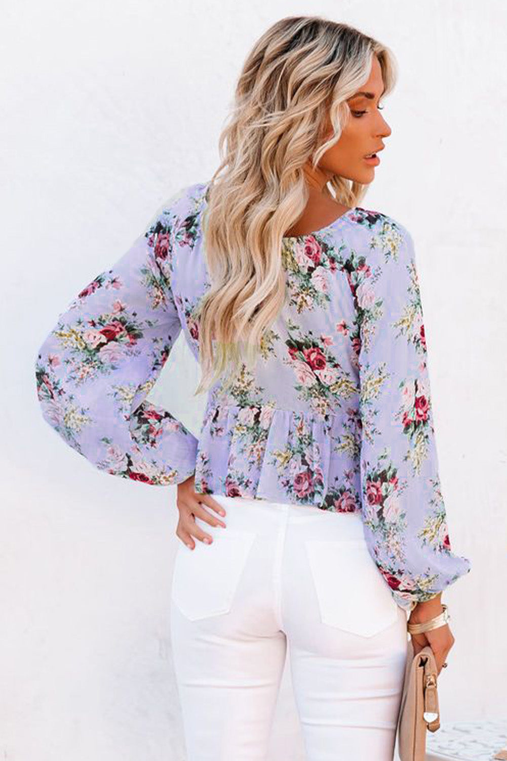 Loose Fit Balloon Sleeve Rose Print Blouse