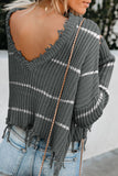 Women's Distressed V Neck Raw Hemline Striped Cropped Sweater