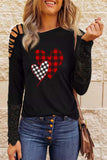 Plaid Heart Print Cut-out Lace Splicing One Shoulder Top
