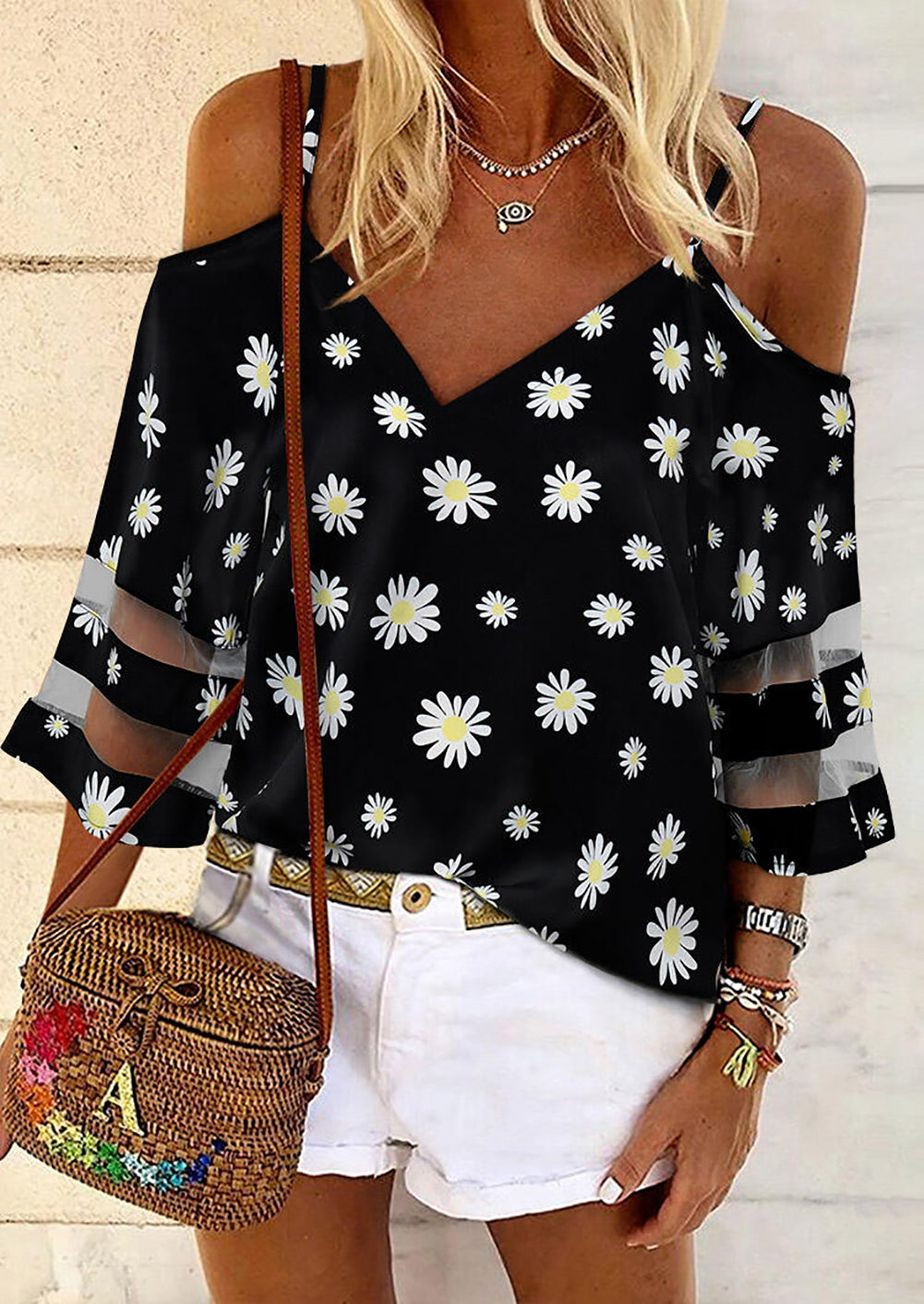 Printed Off Shoulder Cut Out Sleeve Blouse