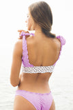 Tie Shoulder Ruffle Trim Print Knot Keyhole Bikini Set Swimwear