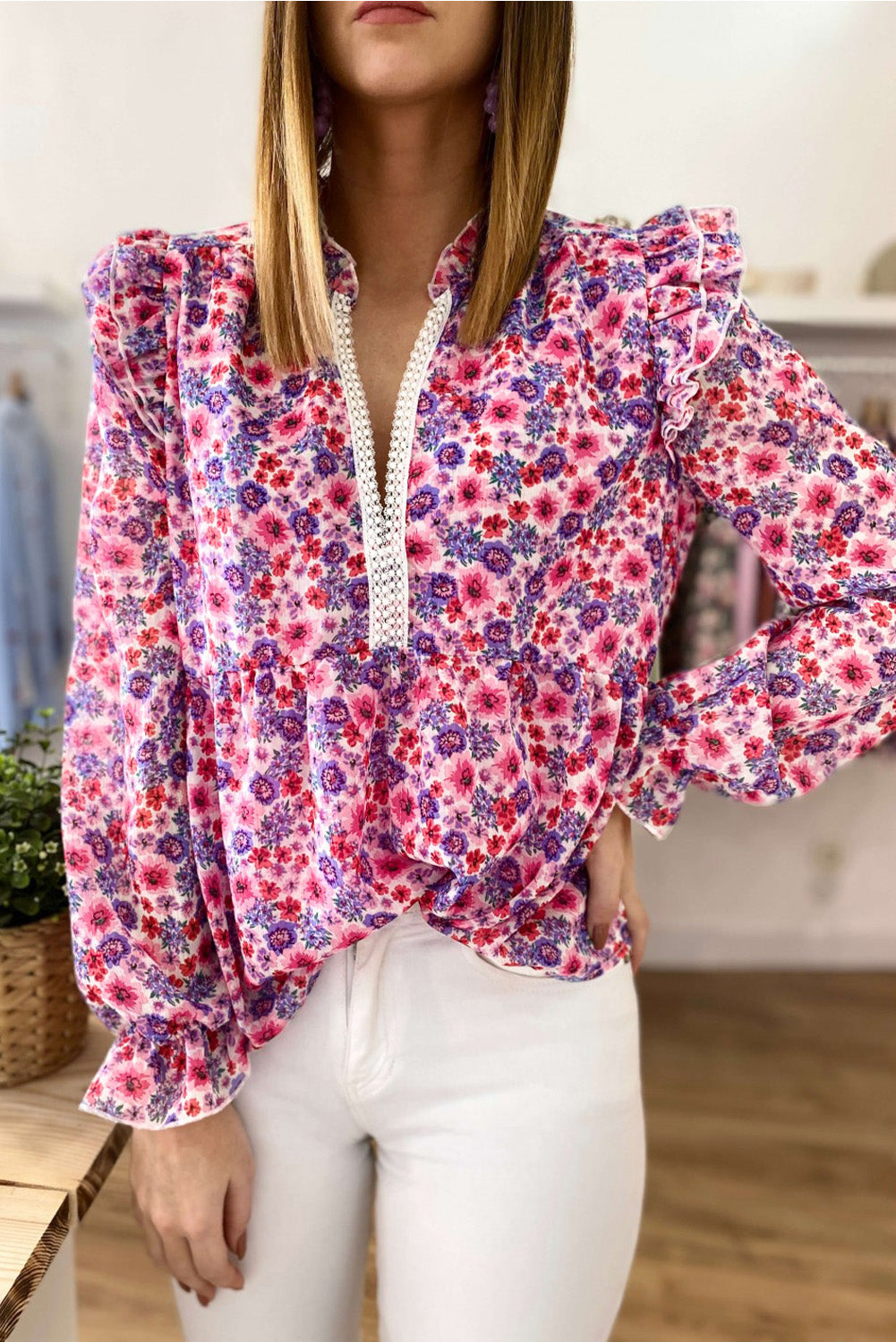 Floral Pattern Peplum Blouse with Ruffles