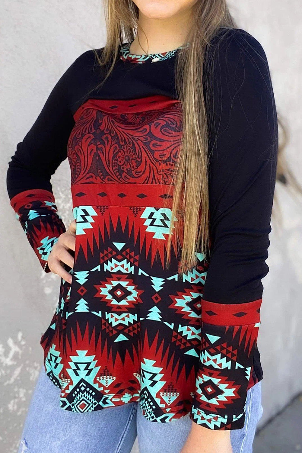 Aztec Print Crew Neck Pullover Sweatshirt