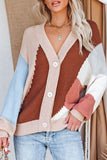 Cardigan da donna in maglia a blocchi di colore con spalle cadenti e bottoni a quattro fori